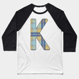 Monogram Letter K, Blue, Yellow and Grey Scottish Tartan Style Typography Design Baseball T-Shirt